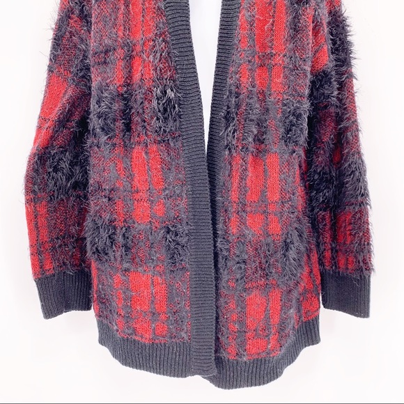 Tobi Red and Black Plaid Fuzzy Cardigan Sweater - Picture 5 of 6